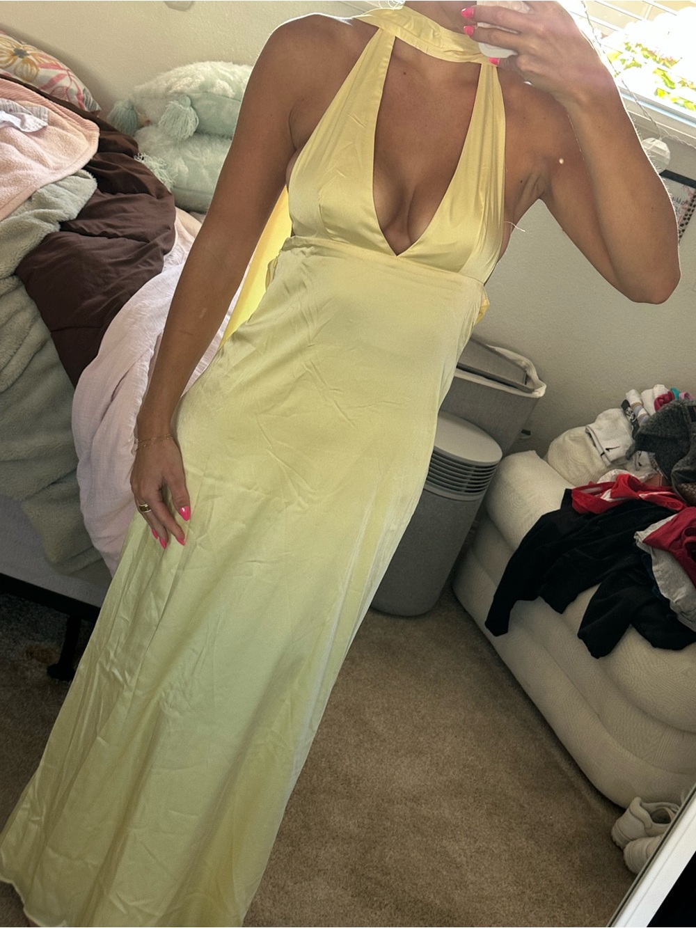 Peppermayo Alicia Satin Halter V-Neck Maxi Dress